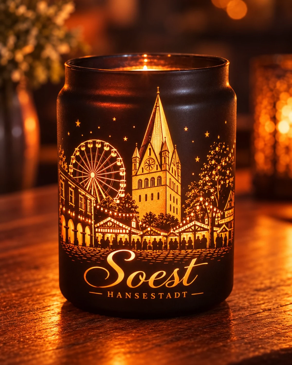 Soest im Licht – beleuchtete Glaslaterne mit Soest-Motiv